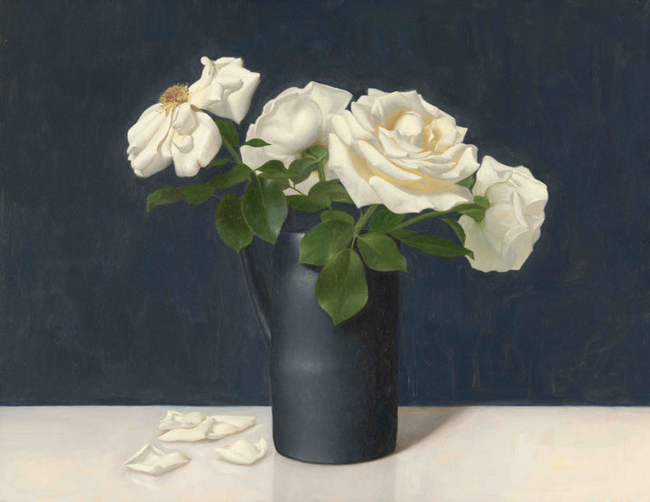 Still life painting of white roses in a black vase with a dark blue background.