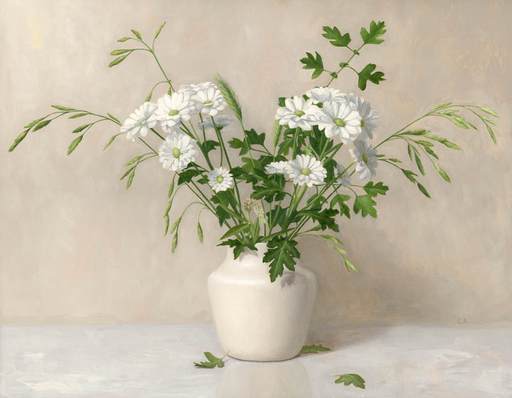 Still life painting of daisies, flowers and grasses in a white vase with a light background.