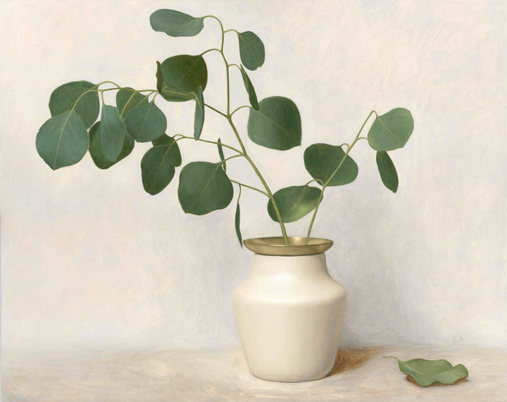 Painting of eucalyptus in a white vase with gold details.