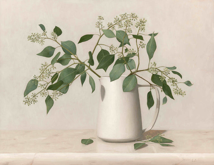 Painting of eucalyptus with small flowers in white vase.