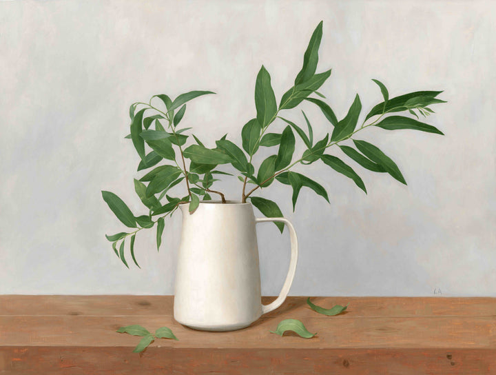 Painting of eucalyptus in a white vase.