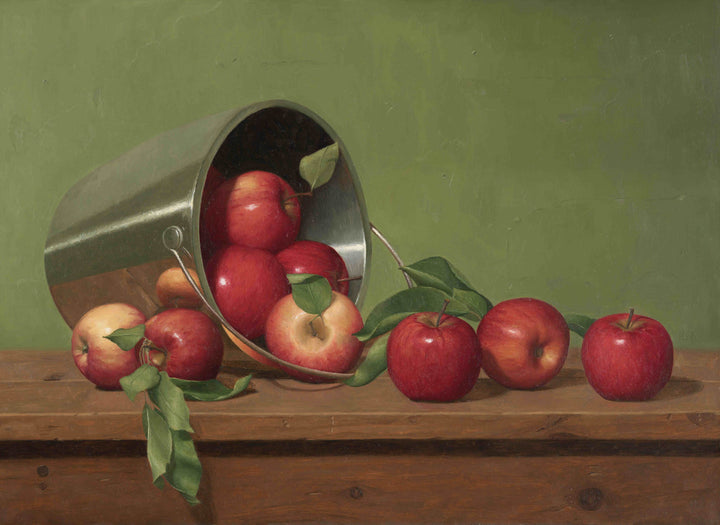 Painting of red apples and a silver bucket with a green background.