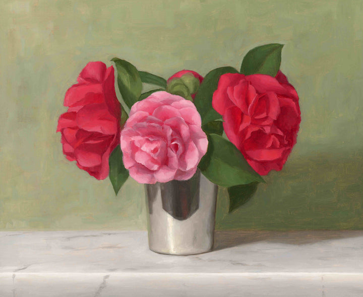 Painting of pink and red camellia flowers in a silver cup with a green background.