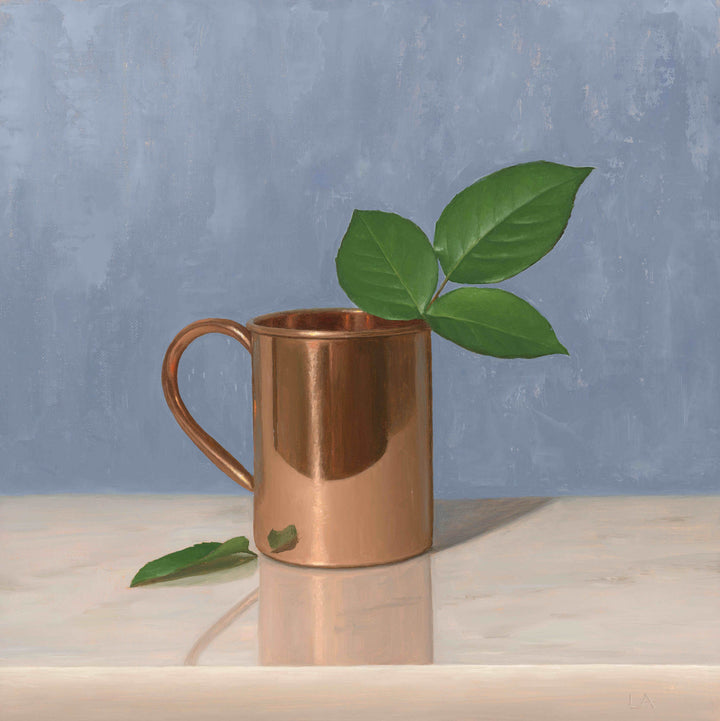 Painting of rose leaves in a copper cup with a blue background.