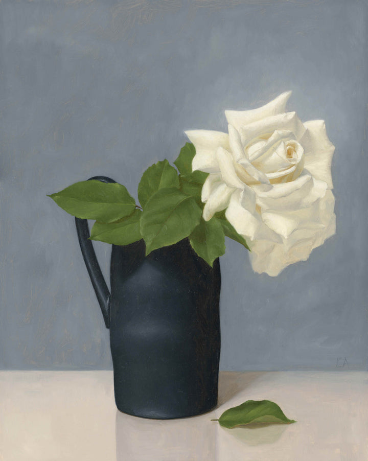 Still life painting of a white rose in a black vase.