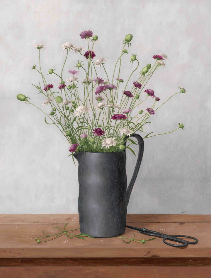 Painting of wild flowers in a black vase.
