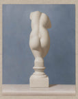 Fine art print of a painting of the statue of Veunus, with a blue background.