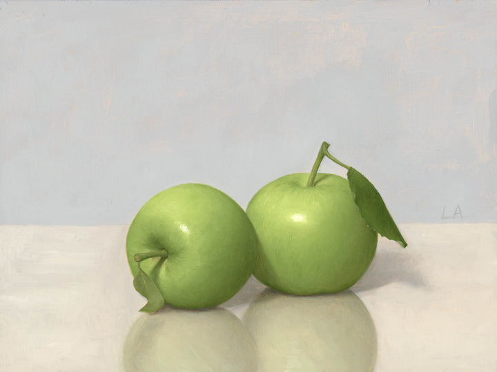 Still life painting of two green apples.
