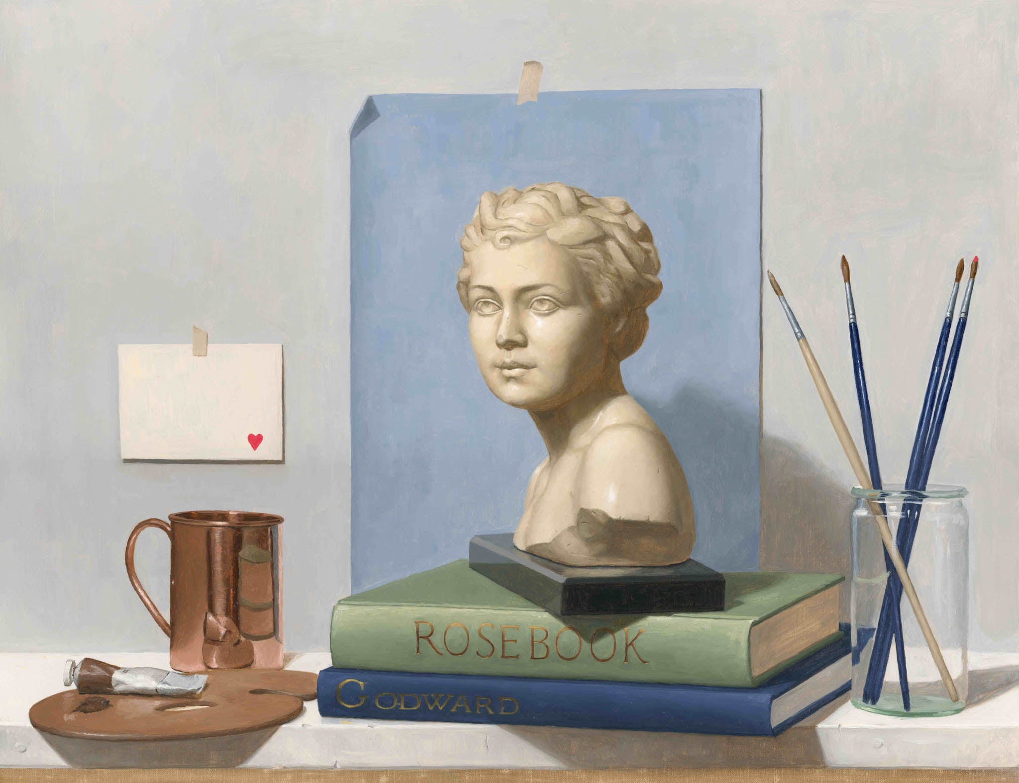Painting of a cast, paint brushes, palette, tube of paint, books and a note with a heart on it.
