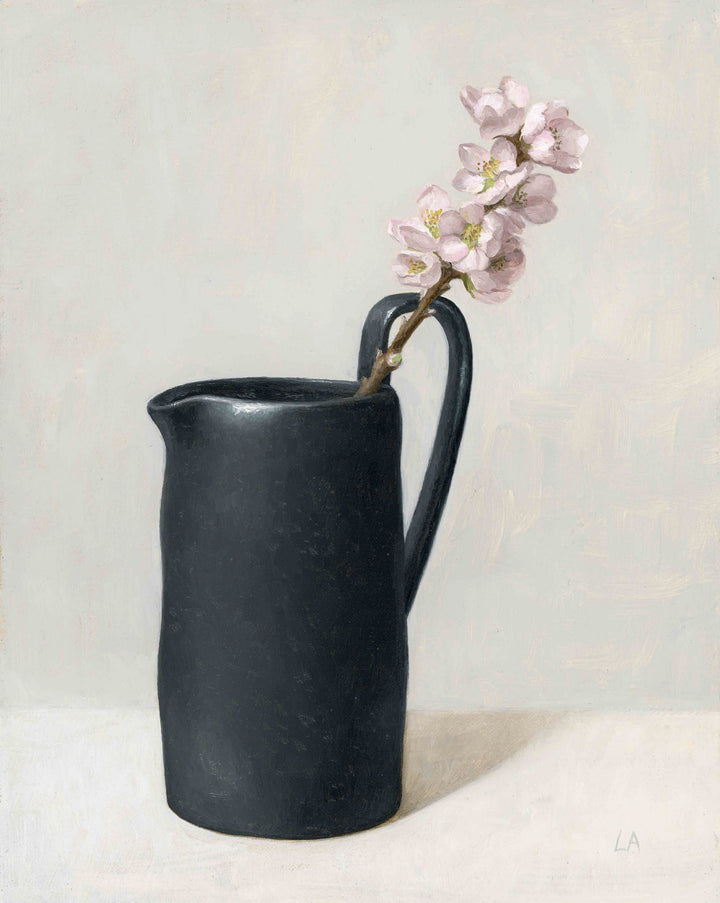 Painting of pink blossom in a black vase with a light background.