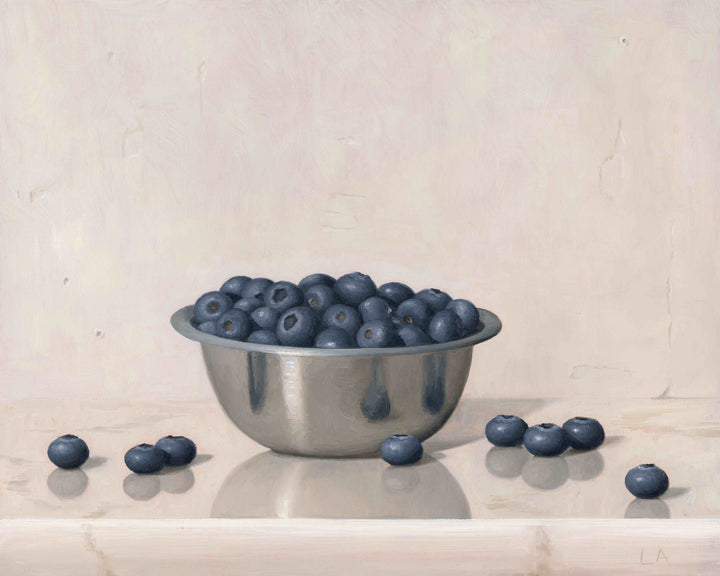 Painting of blueberries in a silver bowl on marble with a white background.