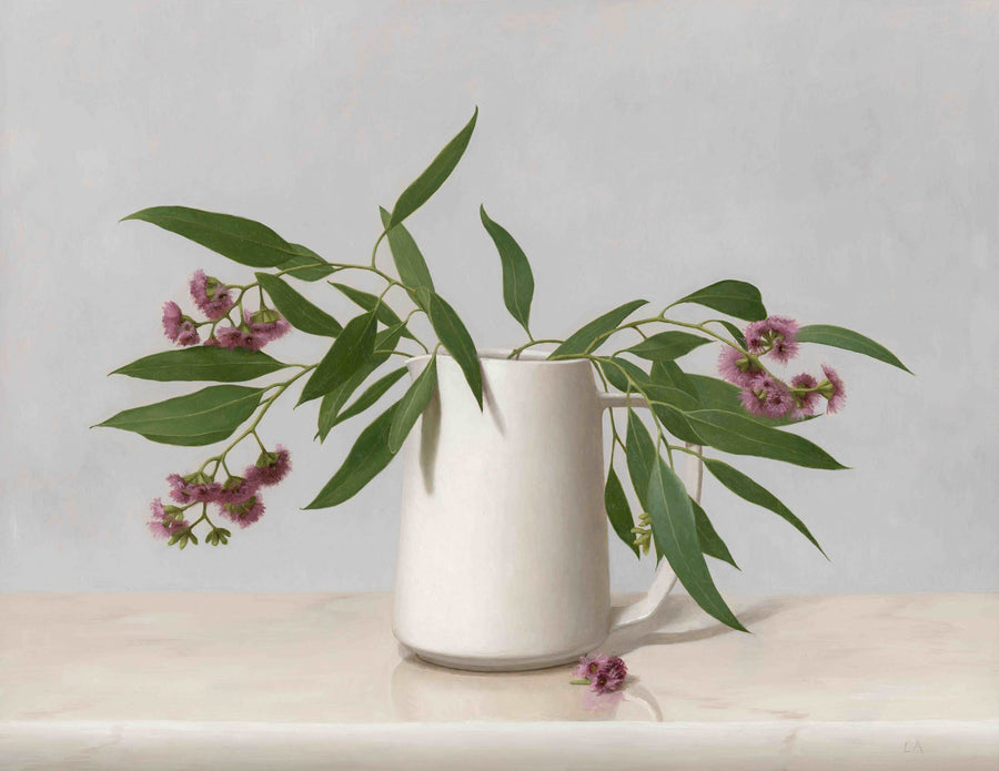 Painting of Eucalyptus blossom in a white vase.