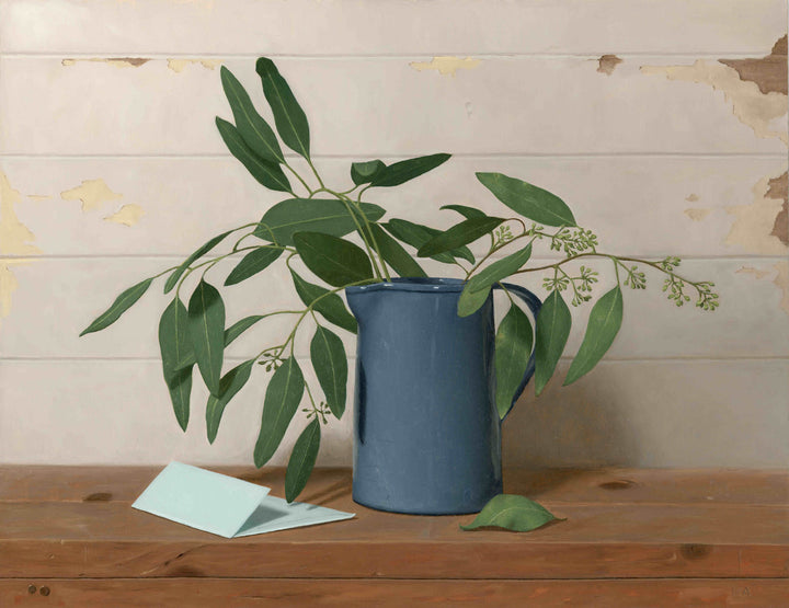 Painting of eucalyptus leaves in a blue jug.