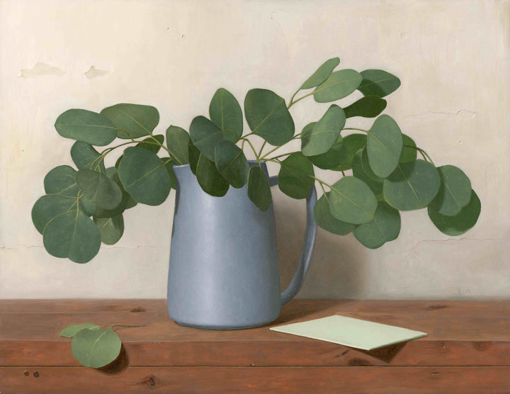 Painting of eucalyptus in a blue vase.