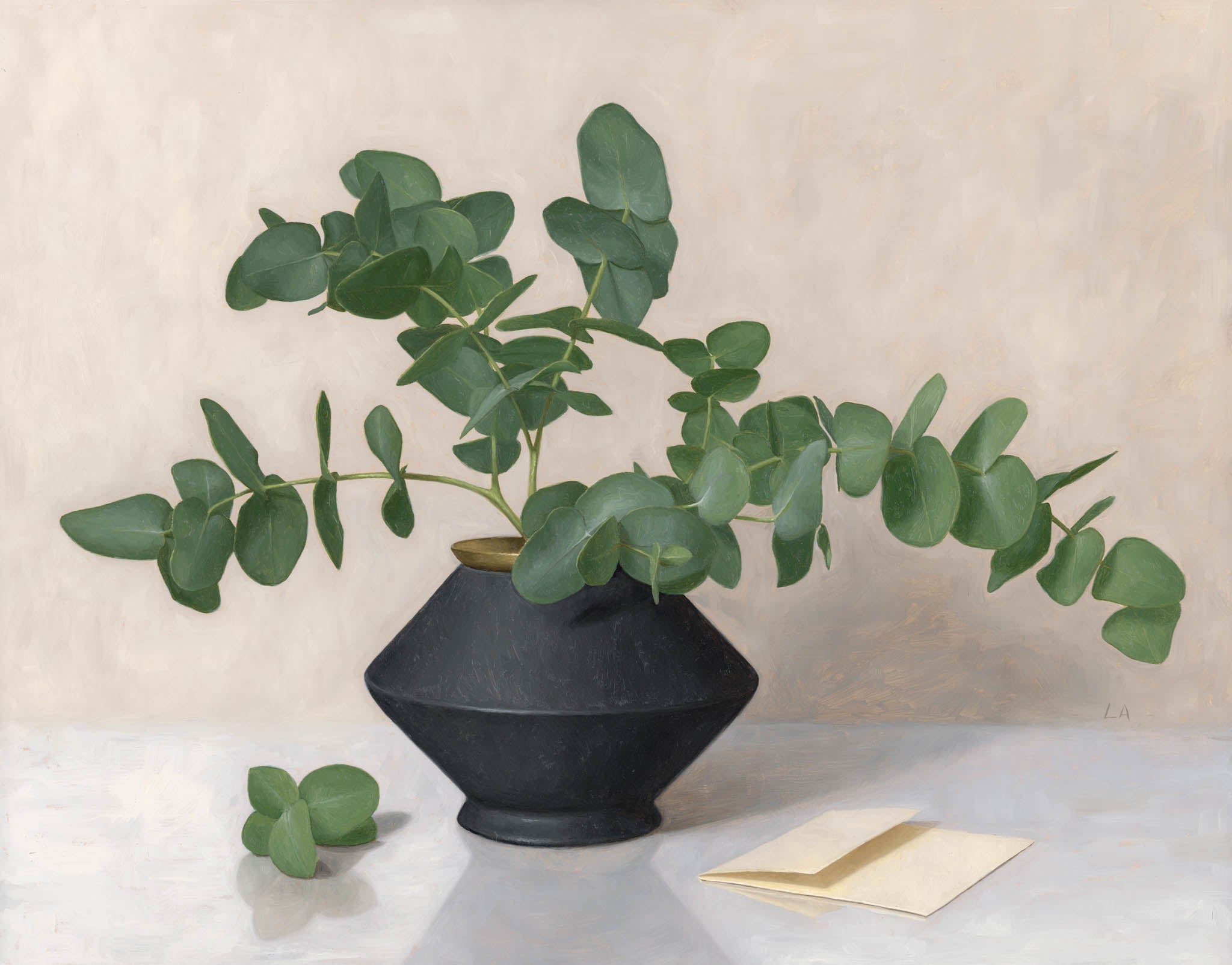 Painting of eucalyptus in a black vase.