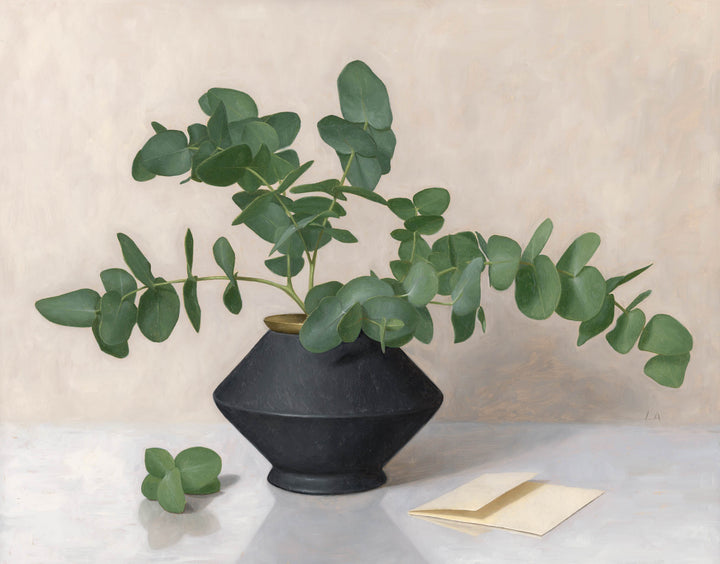 Painting of eucalyptus in a black vase.