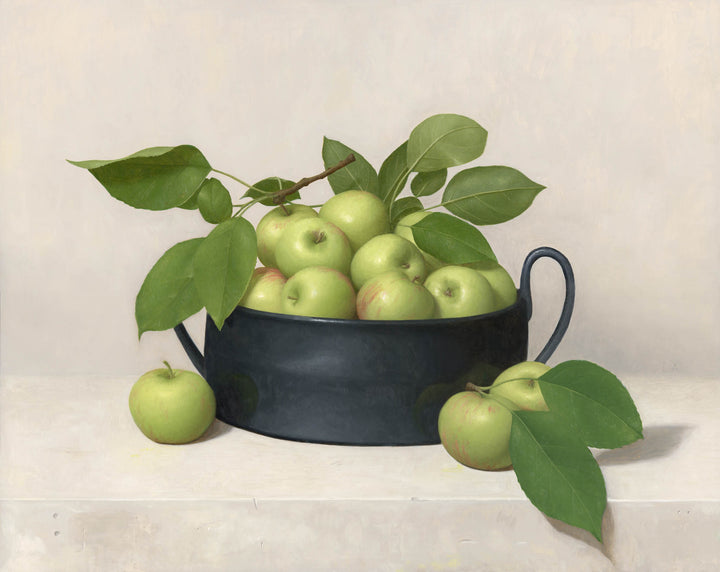 Painting of green apples in a black bowl.