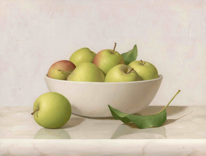 Still life painting of green apples in white bowl.
