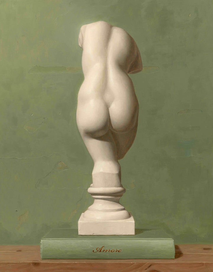 Painting of a cast of Venus with a green background.