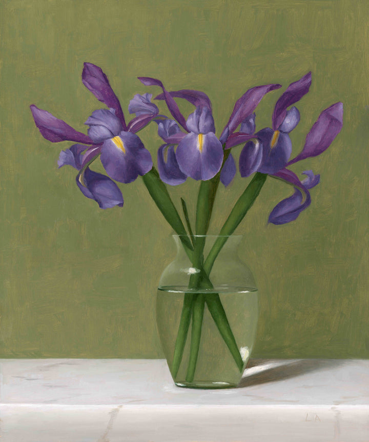 Painting of purple irises in a glass vase with a green background.