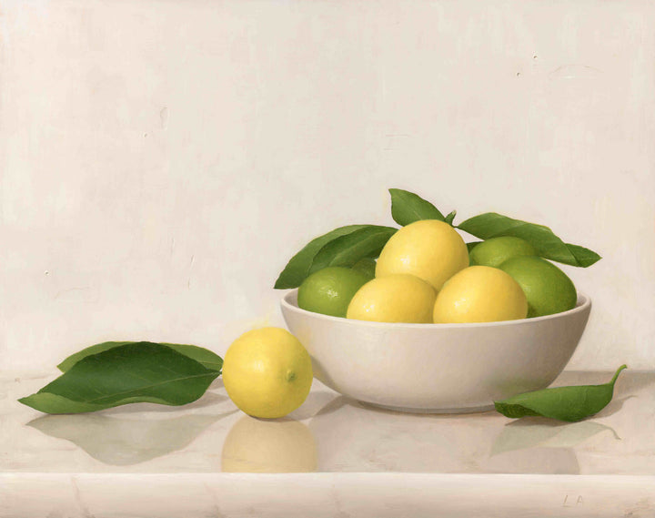 Still life painting of lemons and limes in a white bowl.