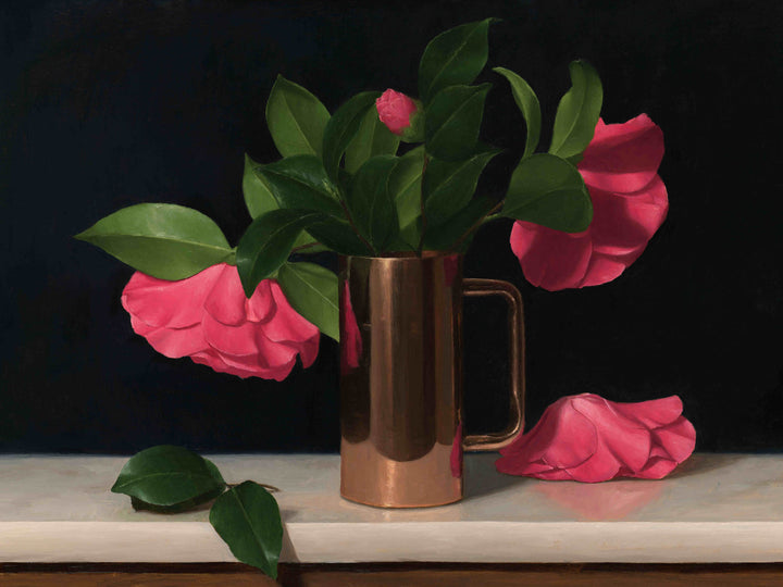 Painting of pink camellia flowers in a copper cup with a dark background.