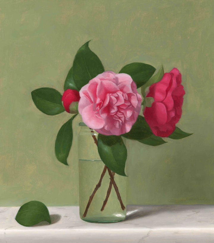 Painting of pink camellia flowers in a glass vase with a green background.
