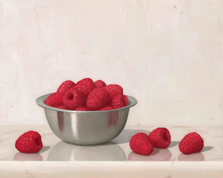 Painting of raspberries in a silver bowl with a white background.
