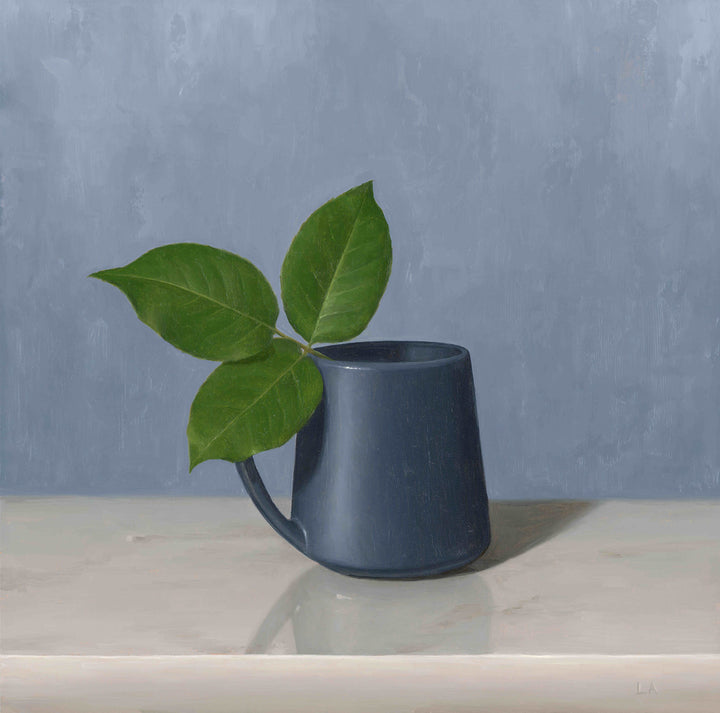 Painting of rose leaves in a blue mug with a blue background.