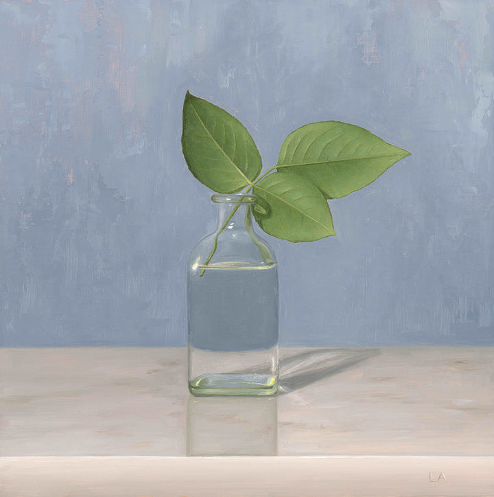 Painting of rose leaves in a glass vase with a blue background.