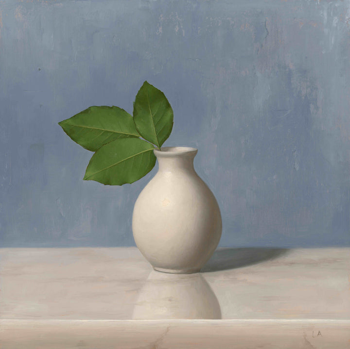 Painting of rose leaves in a white vase with a blue background.