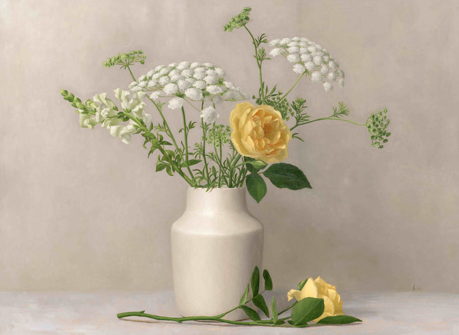 Still life painting of yellow roses and white flowers in white vase with a light background.