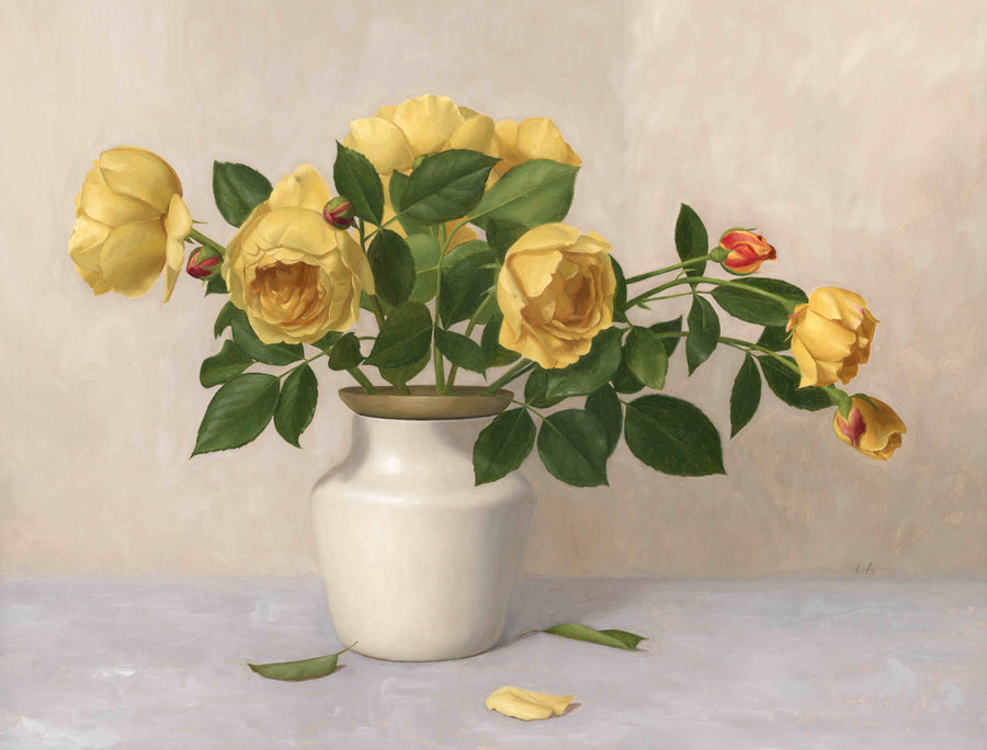 Painting of yellow roses in a white vase.