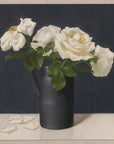 Fine art print of a still life painting of white roses in a black vase with a dark blue background.