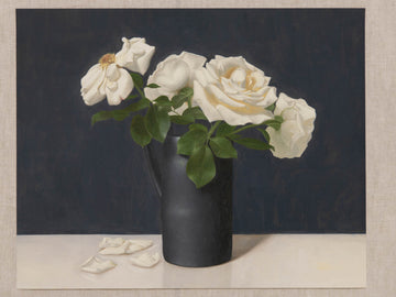 Fine art print of a still life painting of white roses in a black vase with a dark blue background.