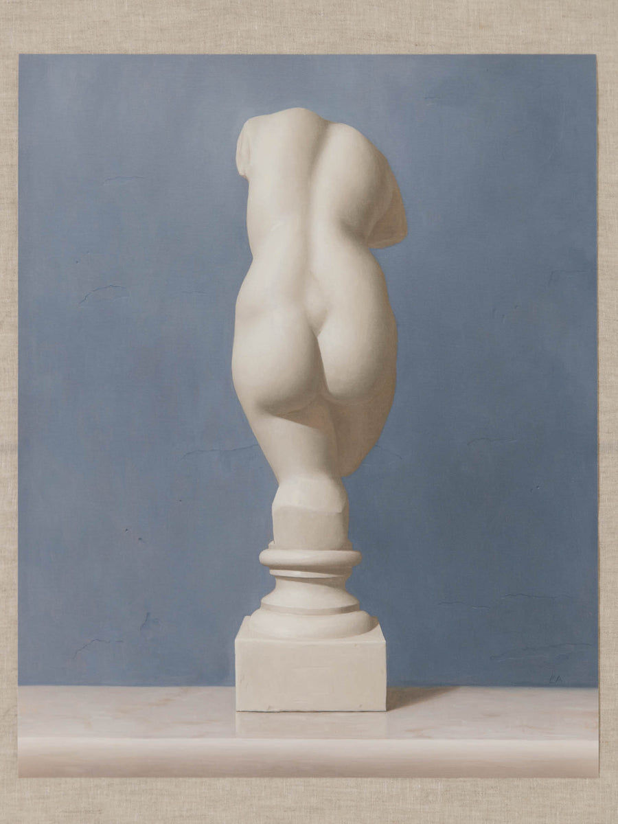 Fine art print of a painting of the statue of Veunus, with a blue background.