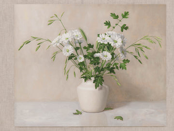 Fine art print of a painting of daisy flowers, grasses and leaves in a white vase with a light beige background.