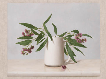 Fine art print of a still life painting of Eucalyptus Blossom in a white vase with a light background.