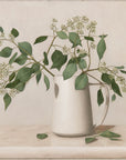 Fine art print of a still life painting of Eucalyptus in a white vase with a light background.