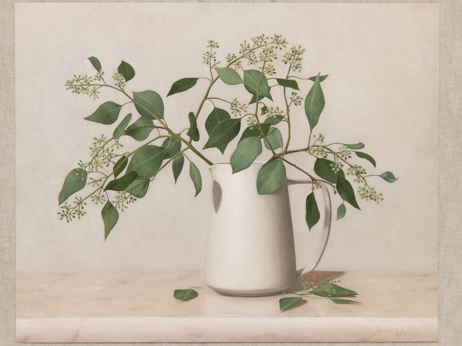 Fine art print of a still life painting of Eucalyptus in a white vase with a light background.