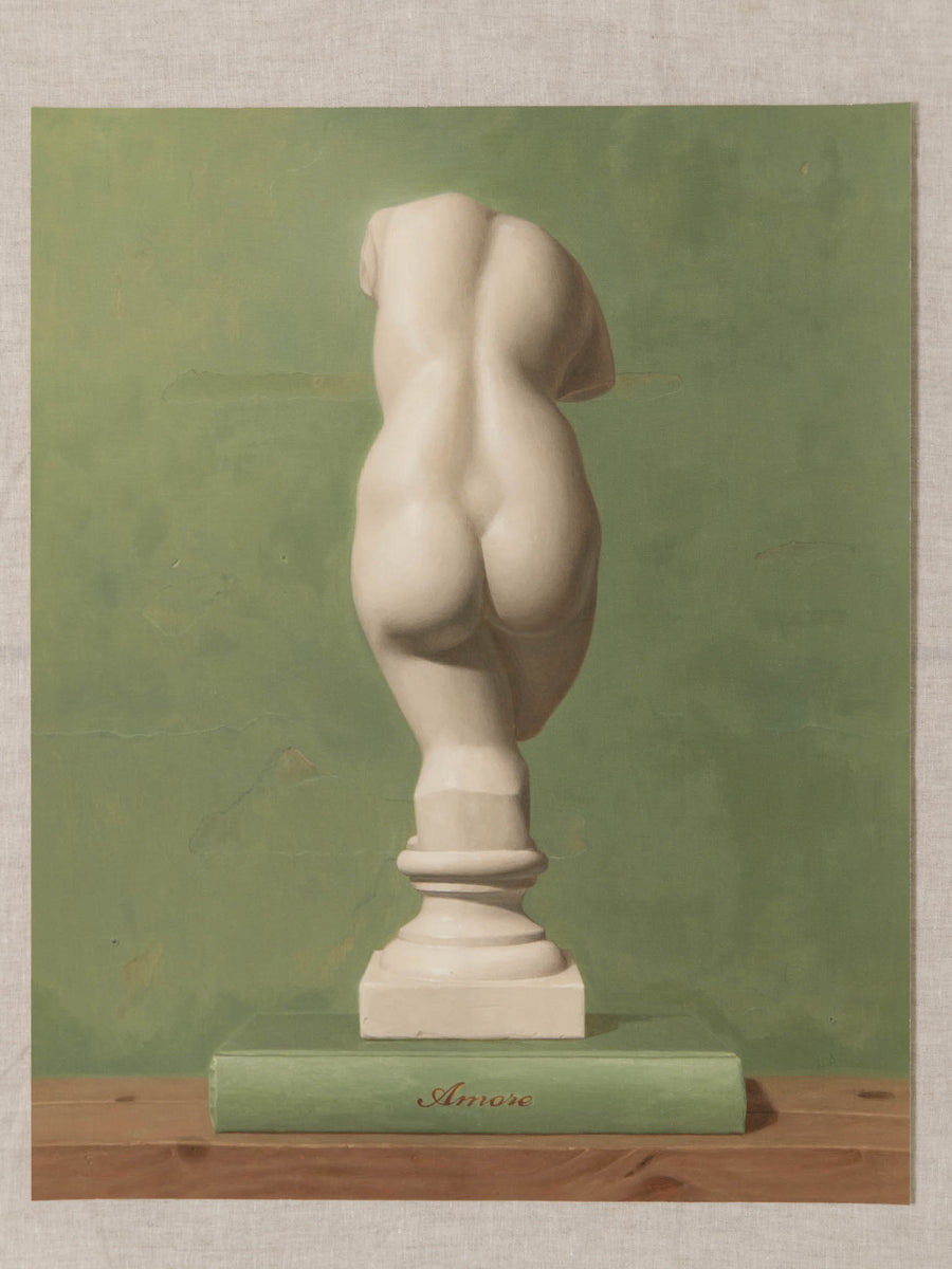 Fine art print of a painting of the statue of Veunus, with a green background.